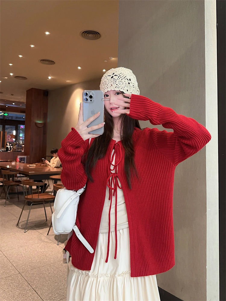 绑带针织开衫外套女毛衣