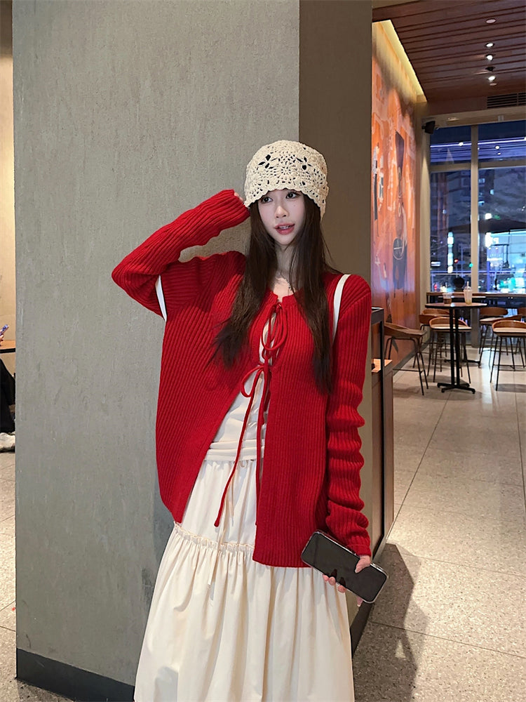 绑带针织开衫外套女毛衣